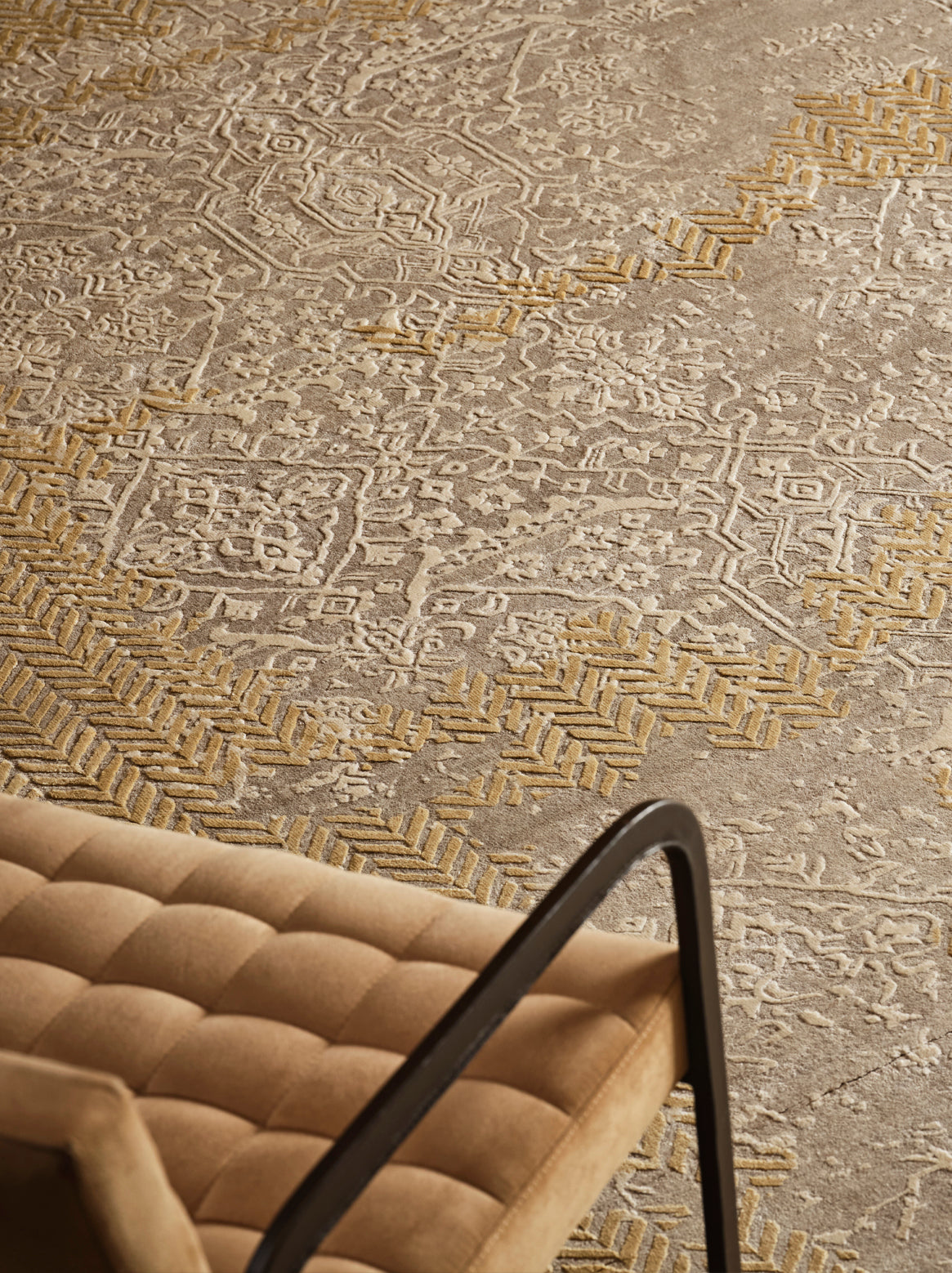 Luxury hand knotted carpet made from Wool & Botanical Silk in beige gold color and 5'6" x 8' size