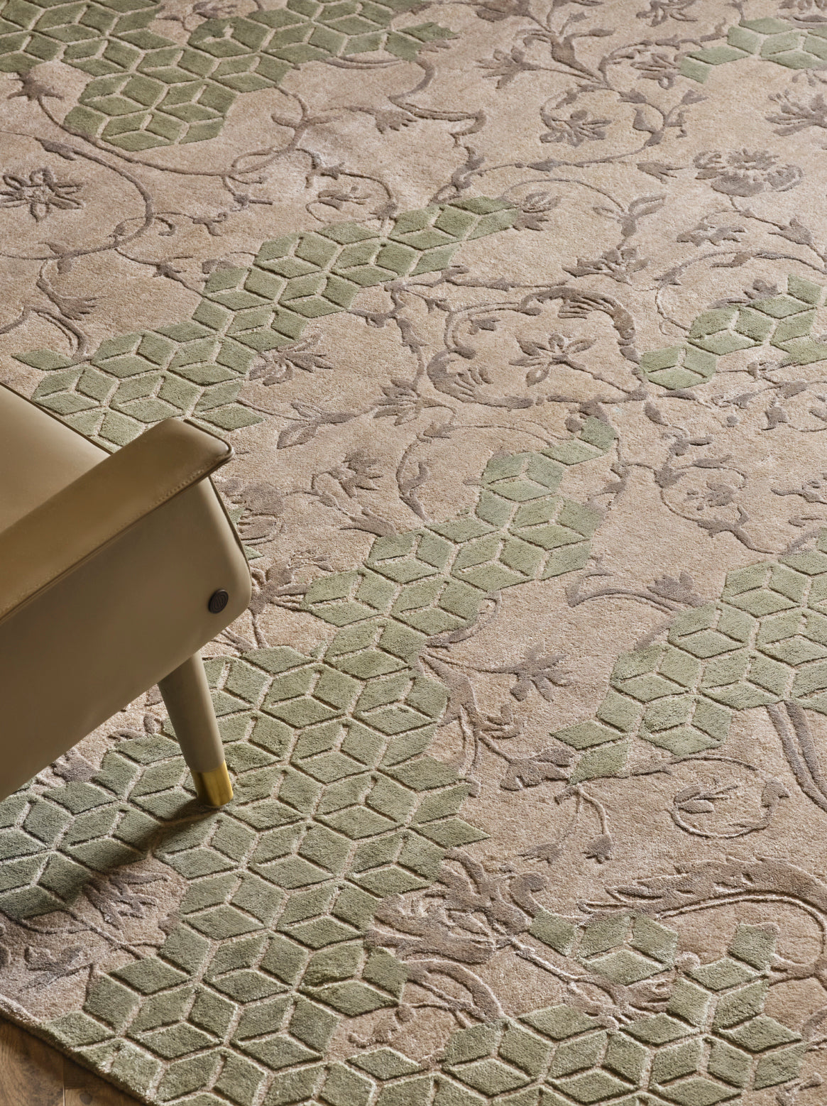 Luxury hand knotted carpet made from Wool & Botanical Silk in sage green color and 5'6" x 8' size