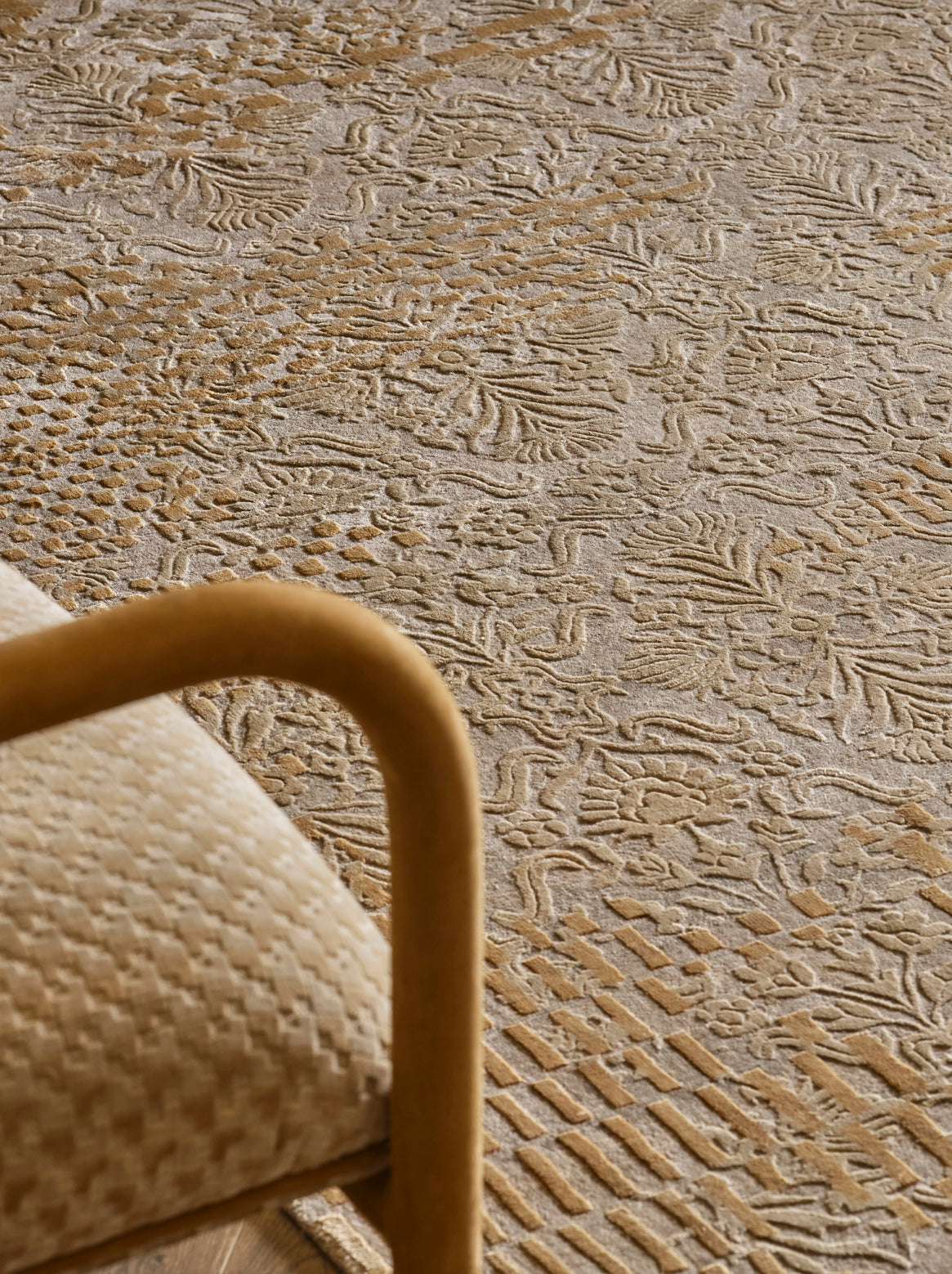 Luxury hand knotted carpet made from Wool & Botanical Silk in tan color and 5'6" x 8' size