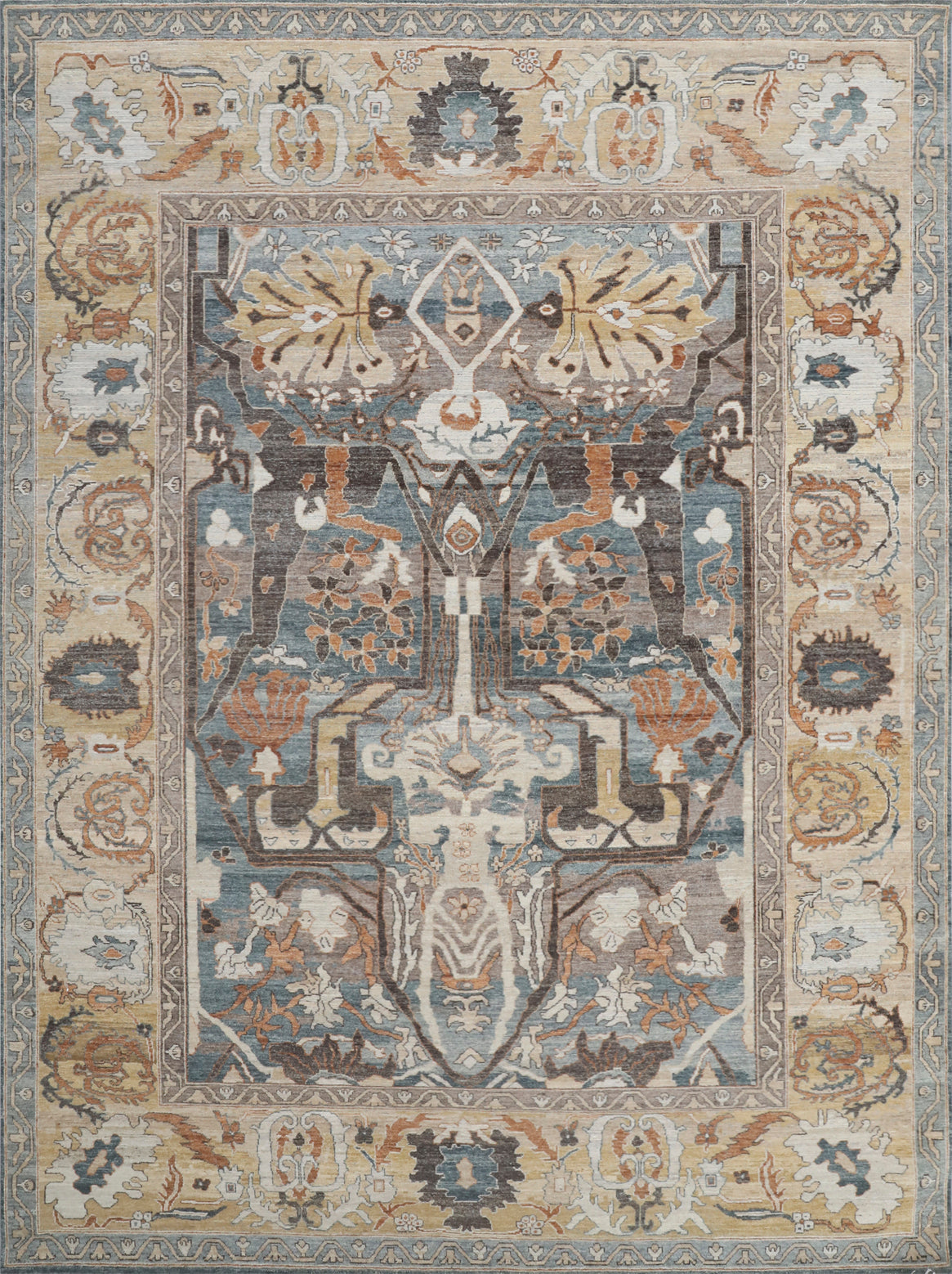 Hands AHMES Blue Grey Camel Multi Luxury Carpet - 100% Wool, Hand Knotted (8' x 10')