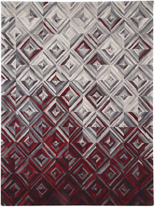 Hands LOZENGE Red Grey Luxury Carpet - Wool & Botanical Silk, Hand Tufted (3' x 5')