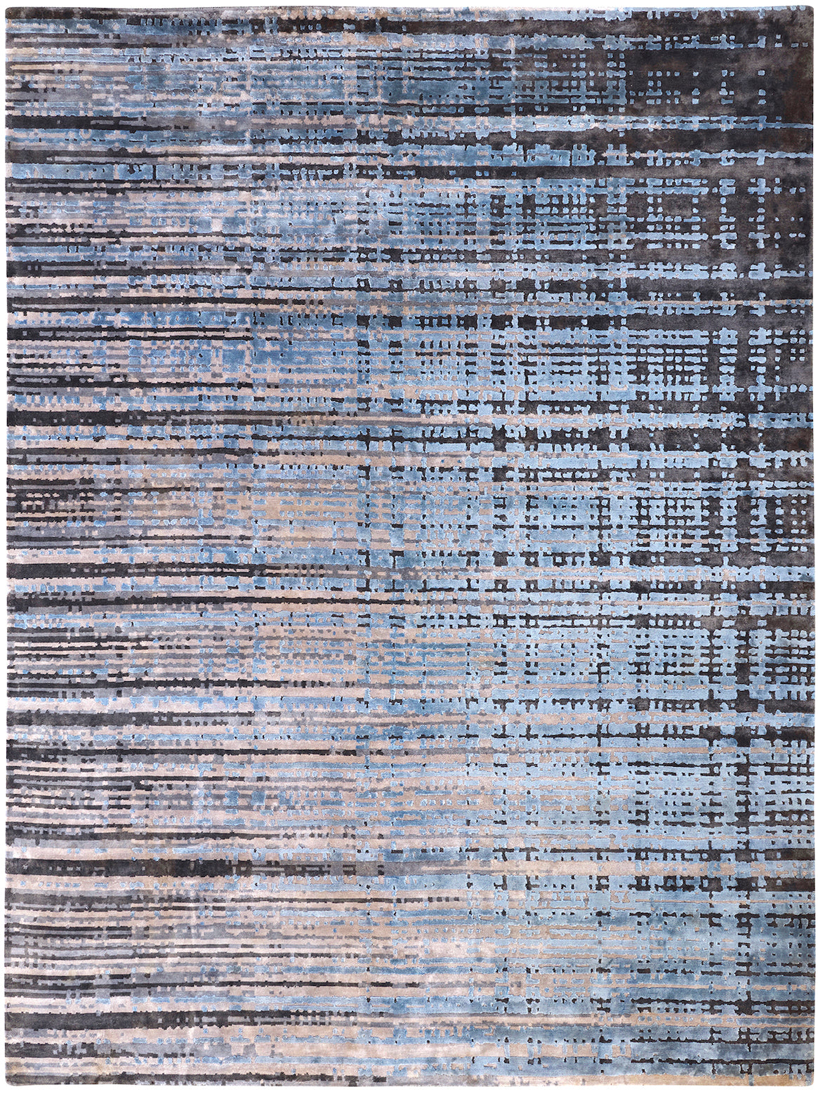 Hands TARTAN Blue Luxury Carpet - 100% Botanical Silk, Hand Knotted (5'6" x 8')