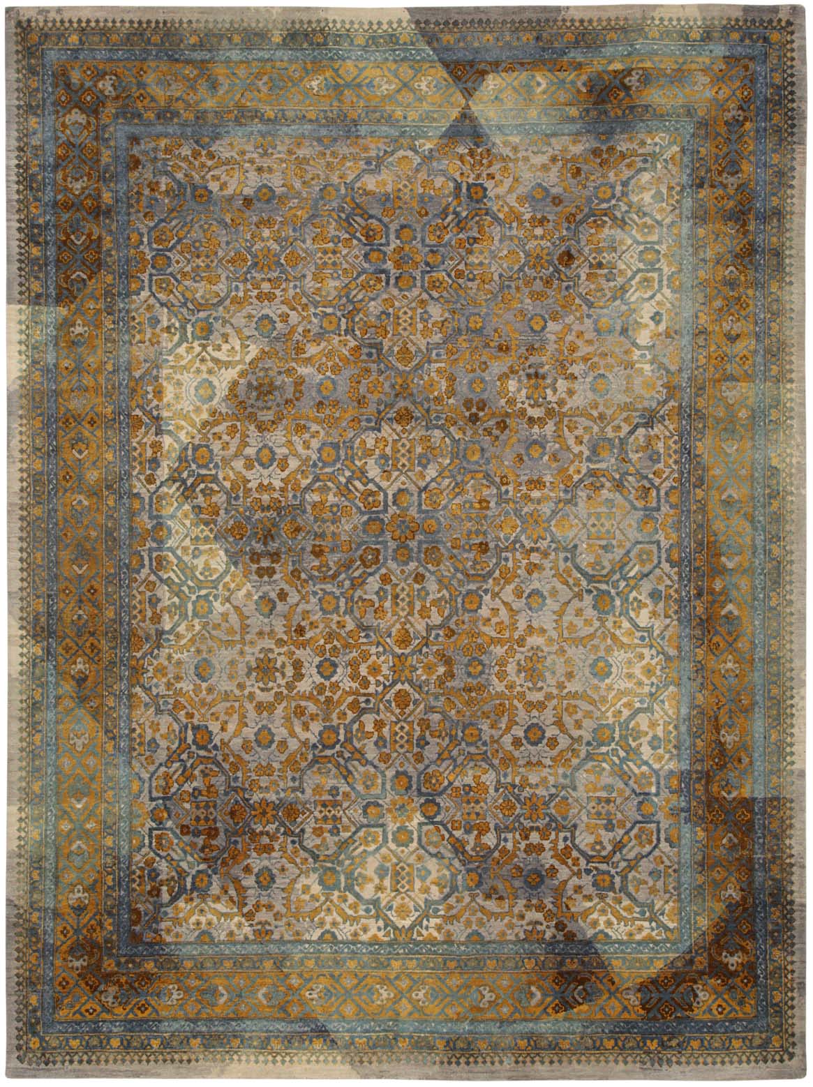 Hands UMBRA Blue Gold Luxury Carpet - Wool & Pure Silk, Hand Knotted (5'6" x 8')