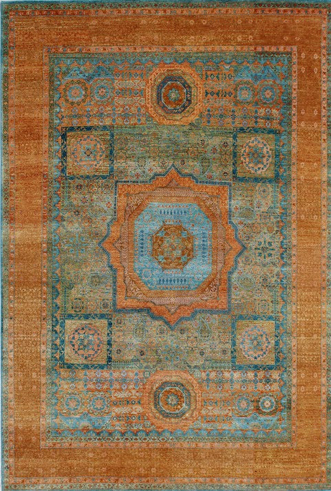 Hands P 4769 Blue & Rust Luxury Carpet - Wool & Bamboo Silk, Hand Knotted (9' x 12')